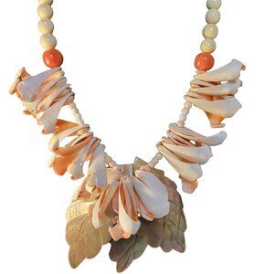 Handmade Necklace Shell Mother-Of-Pearl Leaf Design Cream Screw Clasp Unique